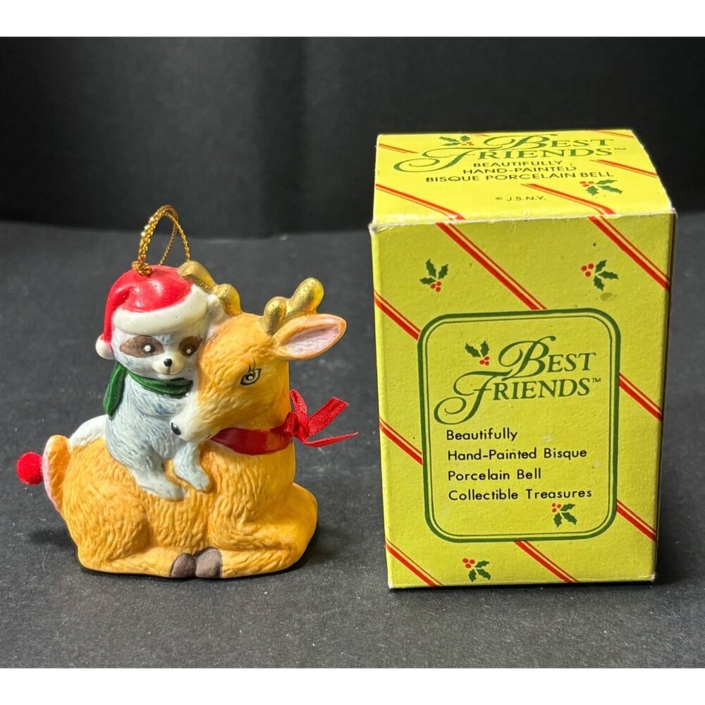Hand Painted Best Friends Deer  Raccoon Christmas Bisque Ornament Collectible F